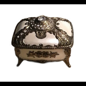 Vintage Ornate Gold & White Footed Jewelry Music Box Hinged Lid Rose Inlay
